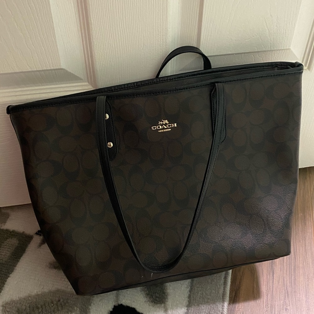 Coach Dark Brown Leather Monogram Tote Bag